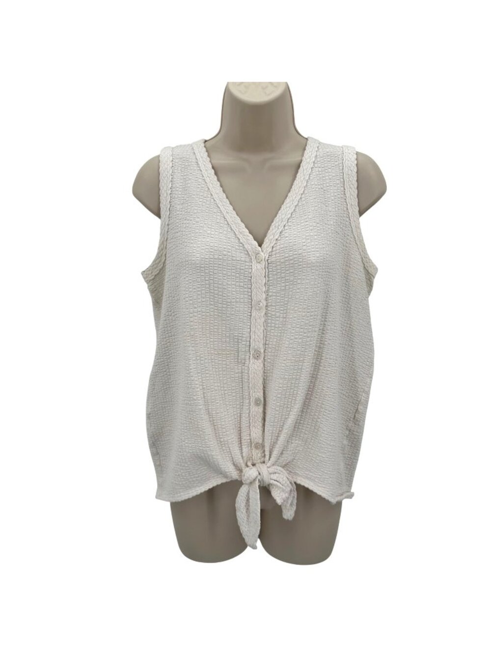 Green Envelope White Textured Sleeveless Button-Front Tie-Knot Knit Top M